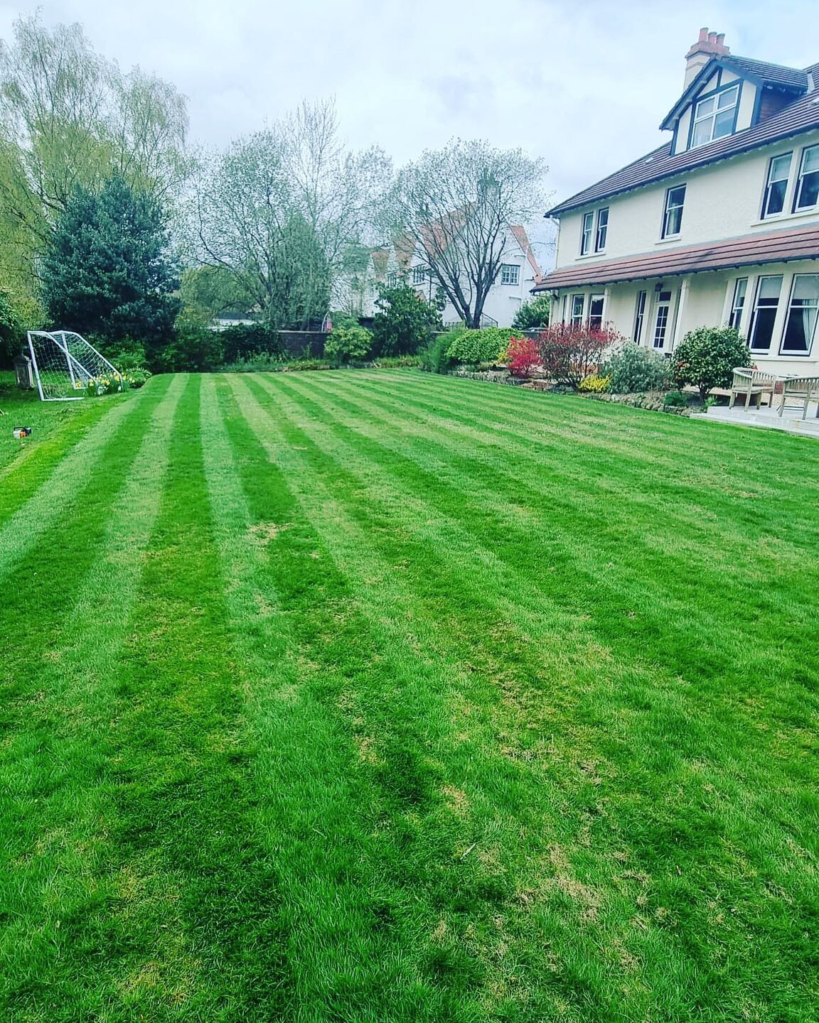 A large striped lawn after its first cut of the year